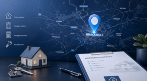 Mortgage Broker in Bracknell location map with property, mortgage checklist, house keys and home-buying icons.