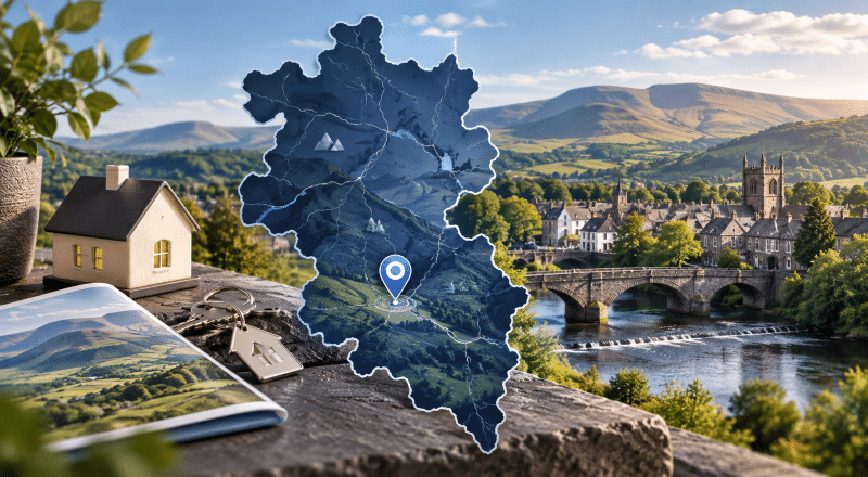 Mortgage Broker in Brecon hero image showing a stylised Powys location map, Brecon townscape, stone bridge, rolling hills, and home-buying icons.