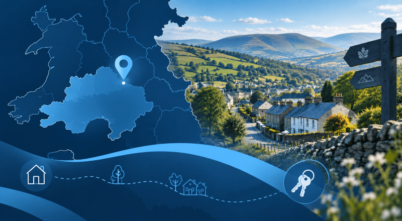 Mortgage Broker in Brynamman, Carmarthenshire location map with village homes, Welsh countryside and property icons.