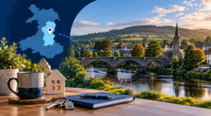Mortgage Broker in Builth Wells hero image featuring a Powys location map, Welsh riverside town, stone bridge and home-buying details.