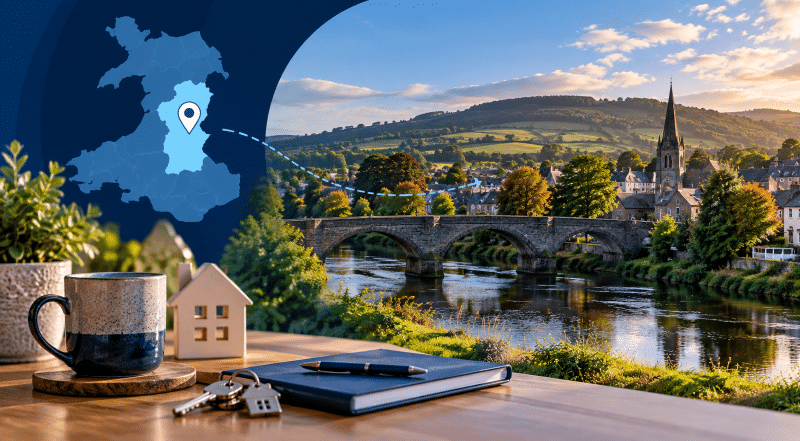 Mortgage Broker in Builth Wells hero image featuring a Powys location map, Welsh riverside town, stone bridge and home-buying details.