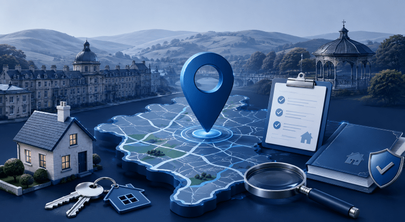 Mortgage Broker in Buxton location map with property and mortgage search icons in blue branding