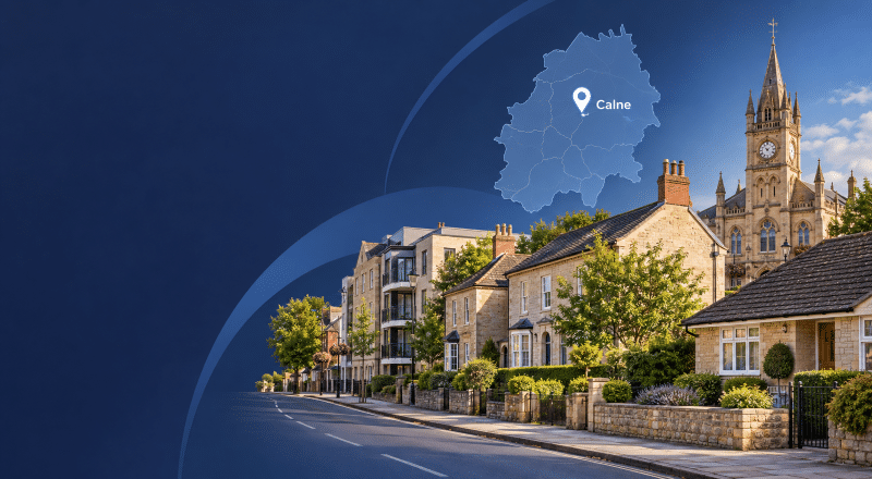 Mortgage Broker in Calne hero image showing a Wiltshire location map, Calne marker and varied local housing.