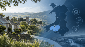 Mortgage Broker in Carmarthen location map with Welsh countryside homes and mortgage icons.