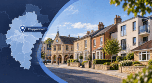 Mortgage Broker in Chippenham hero image with Chippenham location map, location pin and varied Wiltshire housing.