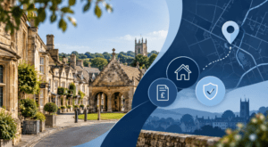 Mortgage Broker in Chipping Campden – Cotswolds townscape with location map pin and mortgage property icons.