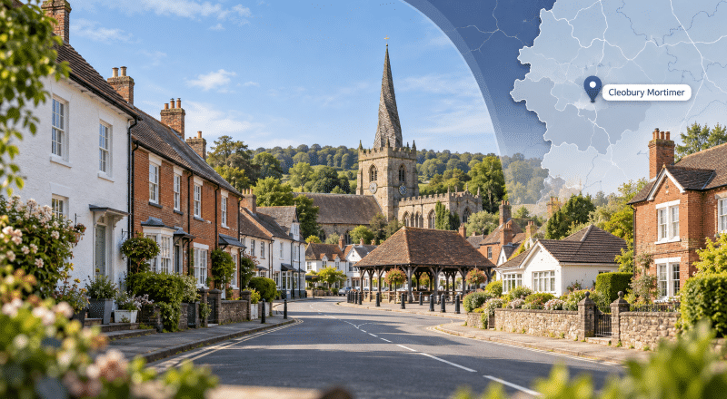Mortgage Broker in Cleobury Mortimer hero image showing a Shropshire street scene with mixed property types, St Mary’s Church with its distinctive spire, and a map location icon for Cleobury Mortimer.
