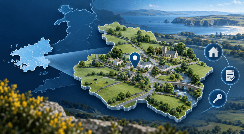 Mortgage Broker in Clynderwen with a map-style view of Pembrokeshire, rural homes, countryside and property icons.