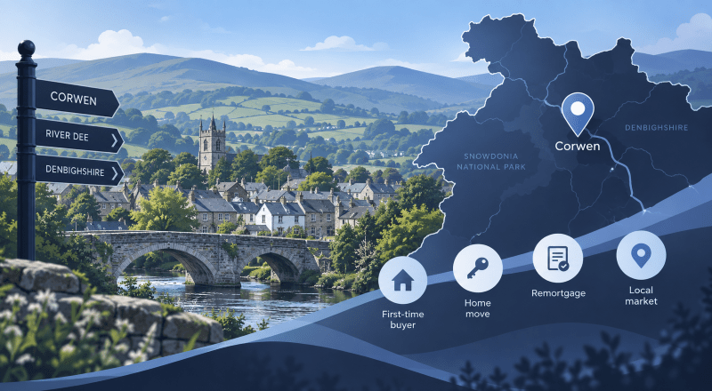 Mortgage Broker in Corwen location map with Welsh hills, local homes, river bridge and mortgage icons.