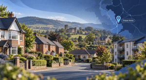 Mortgage Broker in Craven Arms hero image showing a quiet street with mixed property types, rolling Shropshire hills, a historic local landmark, and a map marker highlighting Craven Arms.
