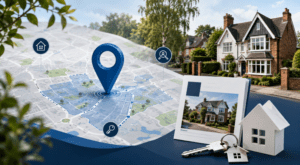 Mortgage Broker in Crowthorne location map with property, house and key icons in Connect Experts blue branding.
