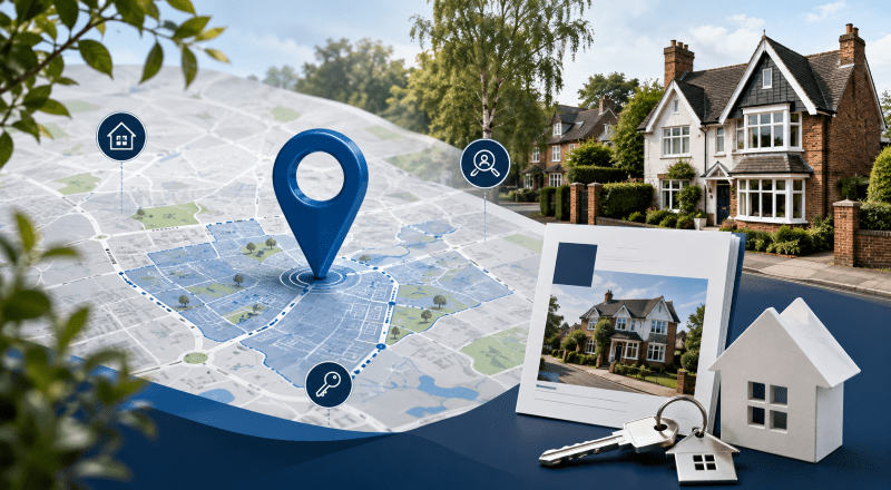 Mortgage Broker in Crowthorne location map with property, house and key icons in Connect Experts blue branding.