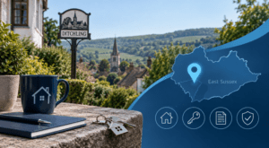 Mortgage Broker in Ditchling hero image featuring an East Sussex location map, Ditchling village setting, house keys and mortgage-related icons.