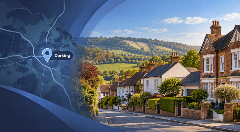 Mortgage Broker in Dorking hero image showing a stylised Dorking map pin beside a Surrey street with varied homes and the Surrey Hills in the background.