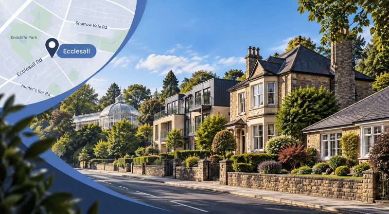 Mortgage Broker in Ecclesall hero image showing a residential Ecclesall street with varied homes, a location pin, and a local map in branded blue tones