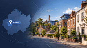 Mortgage Broker in Farnham, Surrey, with a location map, Farnham marker and a mix of local residential property styles.