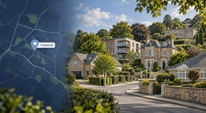 Mortgage Broker in Fulwood hero image showing a map of Fulwood with a location pin beside a leafy residential street with varied homes in South Yorkshire.