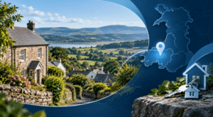 Mortgage Broker in Gelli Aur, Carmarthenshire, with a location map pin, Welsh countryside homes and property keys.