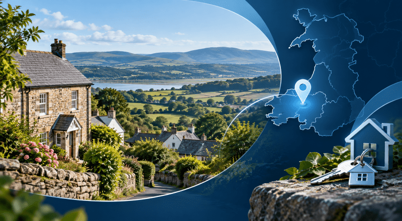 Mortgage Broker in Gelli Aur, Carmarthenshire, with a location map pin, Welsh countryside homes and property keys.