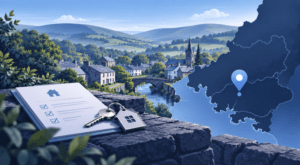 Mortgage Broker in Glanaman location map with Carmarthenshire countryside, homes, mortgage document and house key.