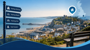 Mortgage Broker in Hastings hero image showing Hastings Old Town, the seafront, pier and East Sussex location icons in Connect Experts’ blue branding.