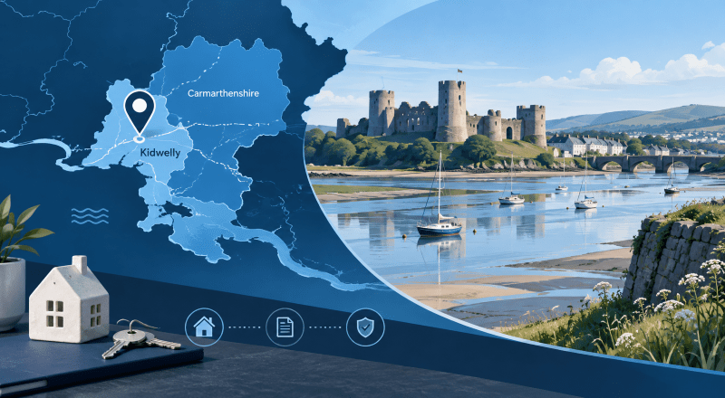 Mortgage Broker in Kidwelly location map featuring Kidwelly Castle, Carmarthenshire coastline and home finance icons.