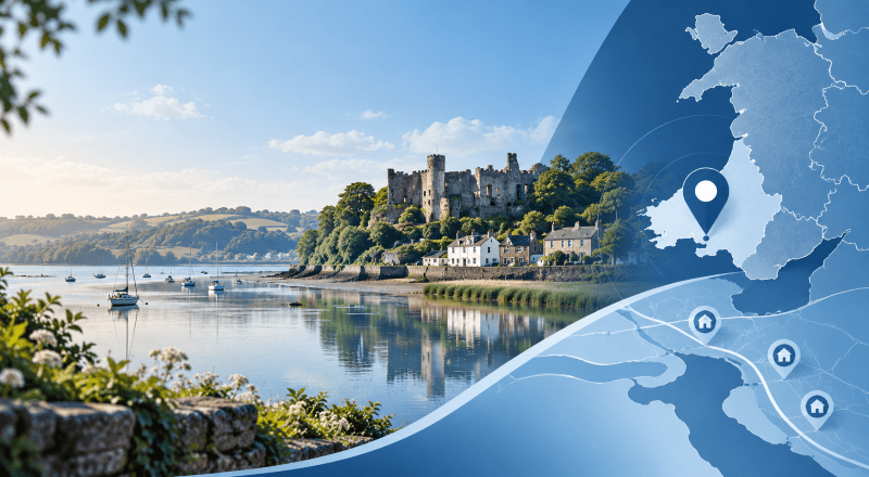 Mortgage Broker in Laugharne, Carmarthenshire, with a location map highlighting Laugharne alongside the coastal estuary and historic castle.
