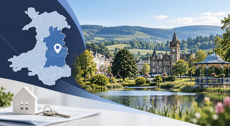 Mortgage Broker in Llandrindod Wells hero image showing a Powys location map, house keys, and the lakeside townscape of Llandrindod Wells.