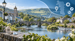 Mortgage Broker in Llandysul – riverside Ceredigion town scene with stone bridge, Welsh countryside, location pin, home and key icons.