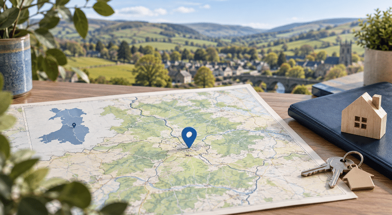 Mortgage Broker in Llanfair Caereinion location map with home and key symbols in Powys, Wales.