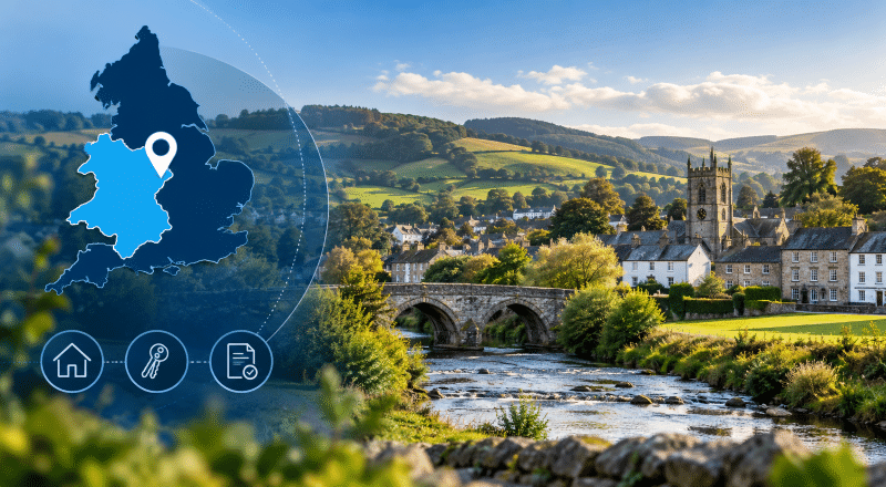 Mortgage Broker in Llanfyllin, Powys, with a location map, property icons and rural Welsh countryside.