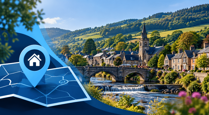 Mortgage Broker in Llanidloes location graphic featuring a map pin, stone bridge, riverside buildings and the Powys countryside.