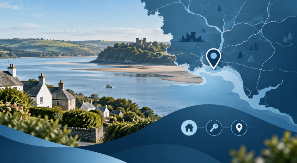 Mortgage Broker in Llansteffan location map with coastal village homes, estuary scenery and Llansteffan Castle.
