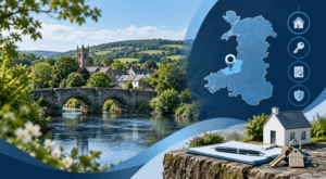 Mortgage Broker in Llechryd with Ceredigion location map, rural homes, river bridge and mortgage icons
