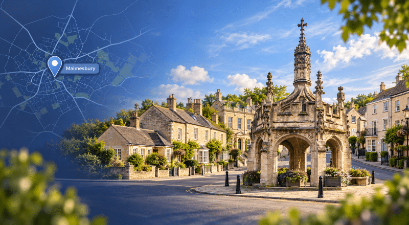 Mortgage Broker in Malmesbury with town map, location marker, traditional Wiltshire homes and Malmesbury Market Cross.