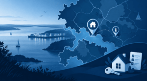 Mortgage Broker in Milford Haven location map with coastal harbour, home, key and mortgage document icons.