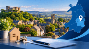 Mortgage Broker in Montgomery, Powys, with local property, keys and location map imagery.
