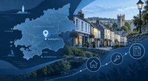 Mortgage Broker in Narberth, Pembrokeshire, with location map, townscape and home-buying icons.