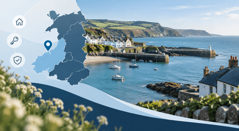 Mortgage Broker in New Quay, Ceredigion, with a location map, coastal harbour, homes and property icons in Connect Experts brand colours.