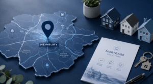Mortgage Broker in Newbury location map with property icons, house models, mortgage paperwork and keys in dark blue and light blue branding.
