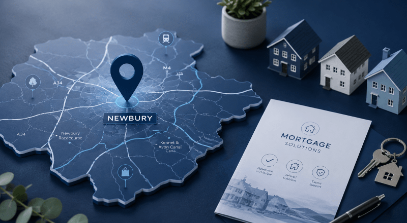 Mortgage Broker in Newbury location map with property icons, house models, mortgage paperwork and keys in dark blue and light blue branding.