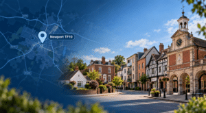 Mortgage Broker in Newport TF10 hero image showing a map pin over Newport with a street scene featuring mixed property styles and a historic town landmark in Shropshire.