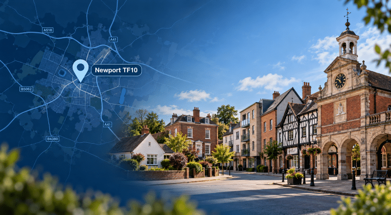 Mortgage Broker in Newport TF10 hero image showing a map pin over Newport with a street scene featuring mixed property styles and a historic town landmark in Shropshire.