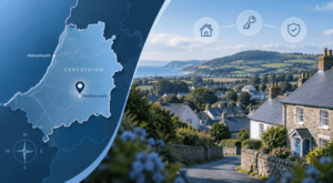 Mortgage Broker in Penrhyn-coch, Ceredigion, with local map pin, Welsh village homes and countryside.