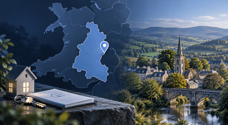 Mortgage Broker in Presteigne hero image showing a Powys location map, house keys, property documents and a scenic town view with bridge and rolling Welsh hills