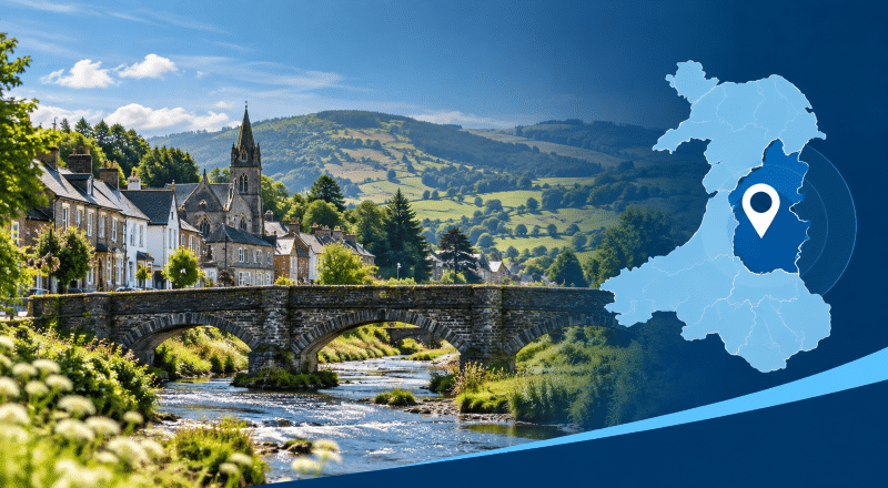 Mortgage Broker in Rhayader hero image featuring a Powys location map and Welsh countryside setting.