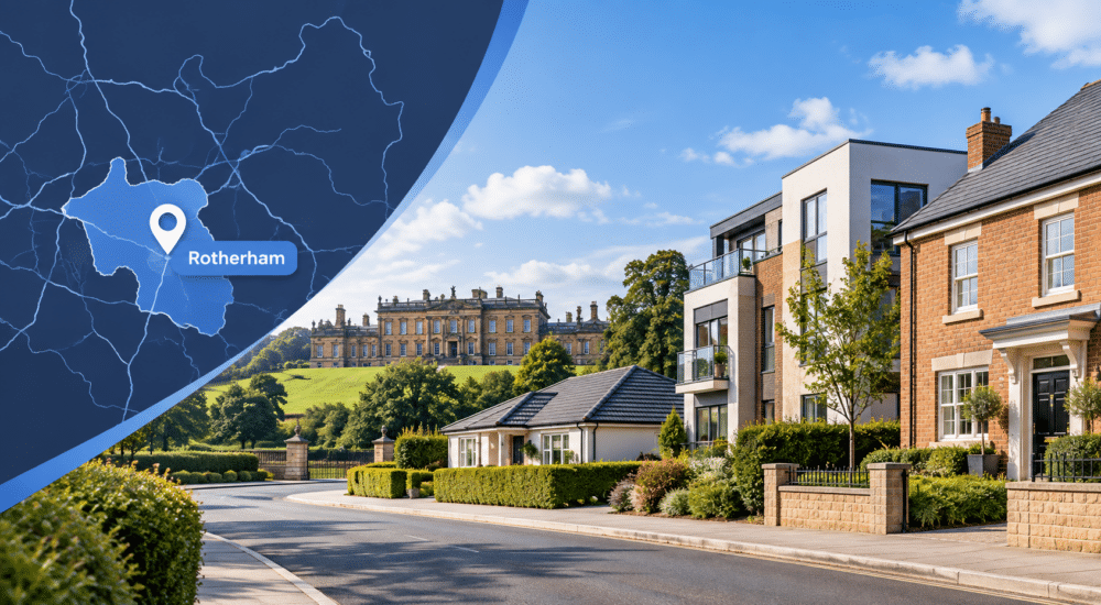 Mortgage Broker in Rotherham hero image showing a Rotherham location map pin, a residential street with mixed property types, and a well-known local landmark in the background.