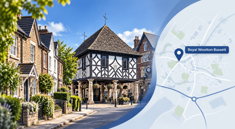 Mortgage Broker in Royal Wootton Bassett hero image showing the historic town centre, local homes and a Royal Wootton Bassett map location pin.