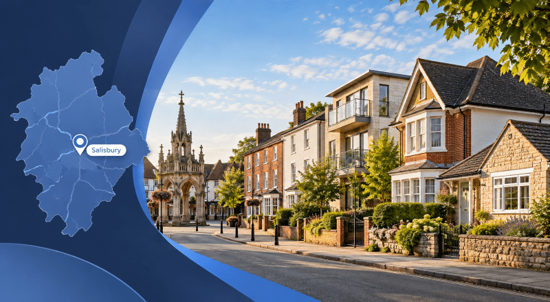 Mortgage Broker in Salisbury hero image showing a Salisbury location map icon, a streetscape with varied homes, and a recognisable Salisbury landmark in branded dark and light blue styling.