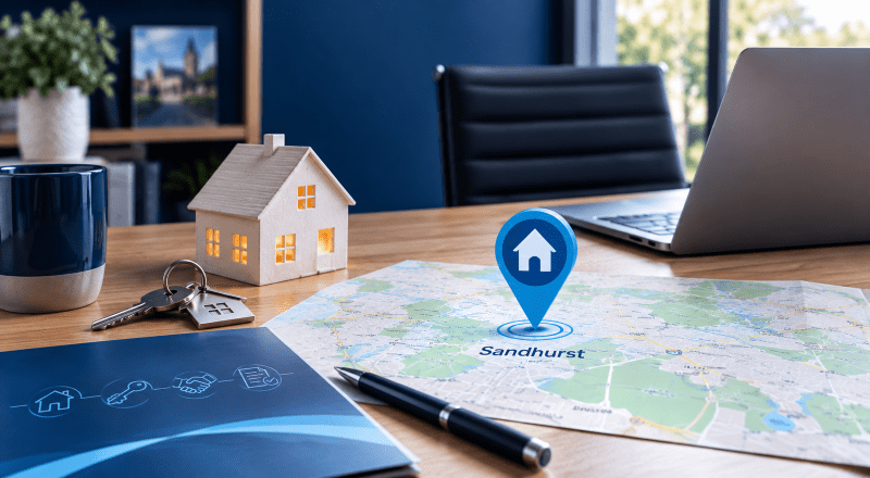 Mortgage Broker in Sandhurst location map with house icon, property keys and blue mortgage-themed branding.